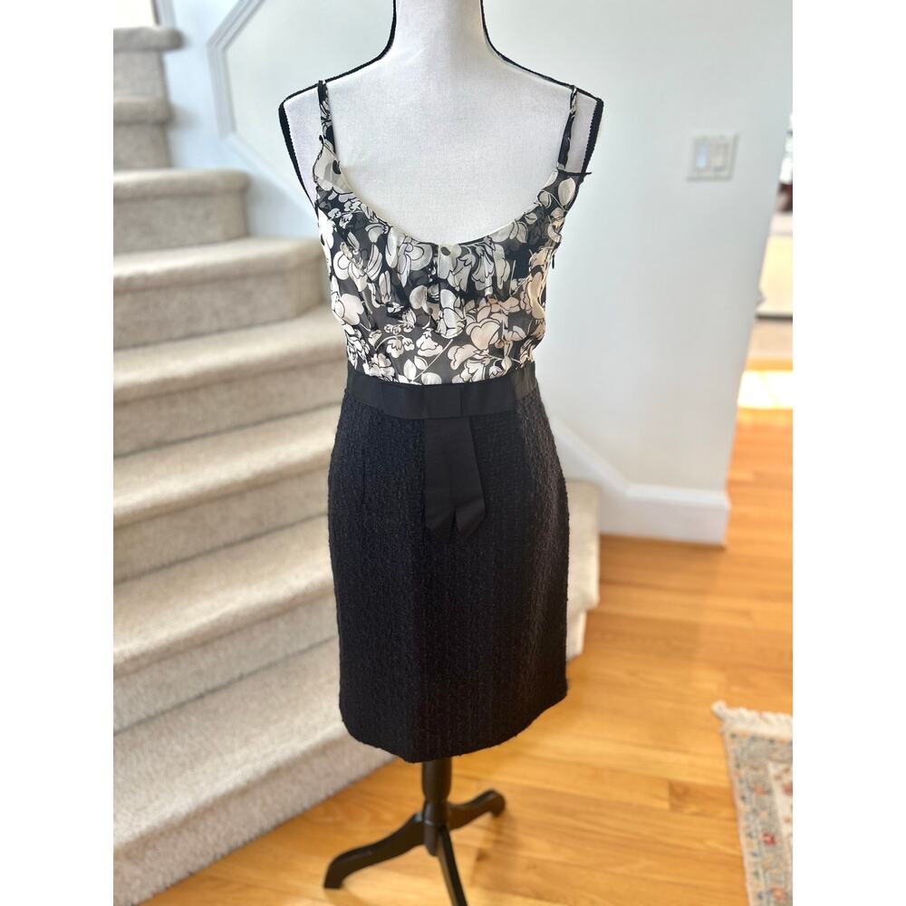 Milly Black & White Silk & Wool Boucle Tweed Sheath Bow Dress Sleeveless Career